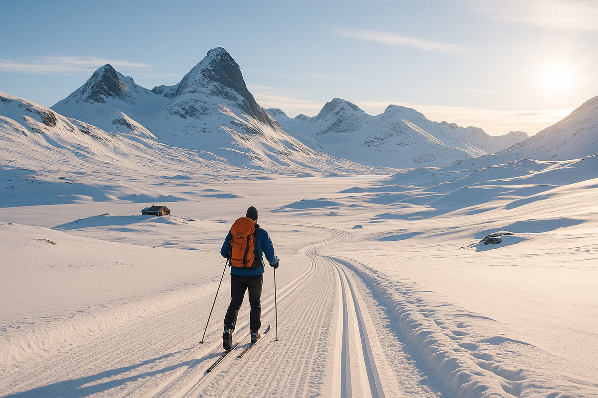 A skier traversing the snowy mountain landscapes of Jotunheimen on a sunny winter day.