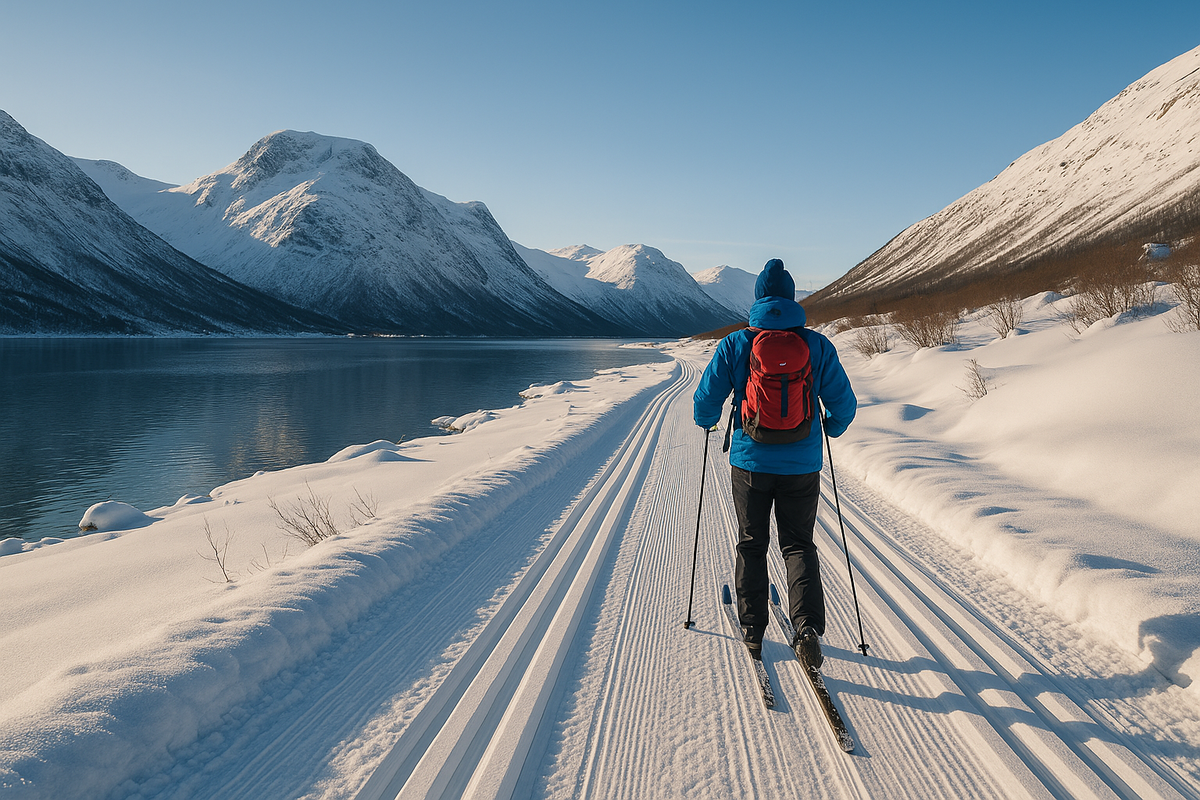 A skier on a trail along frozen Gjende Lake with views of snow-covered mountains.