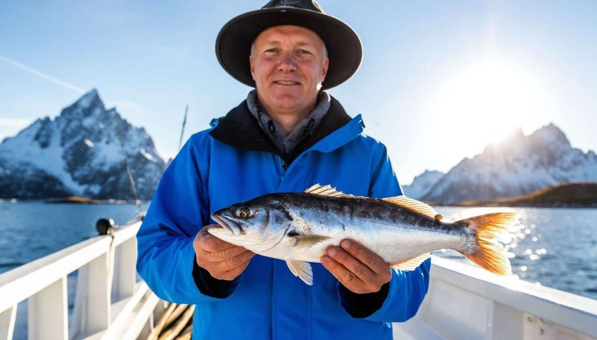 Arctic catch moment: MSC-approved winter Skrei gleams against dramatic mountains, highlighting responsible fishing.