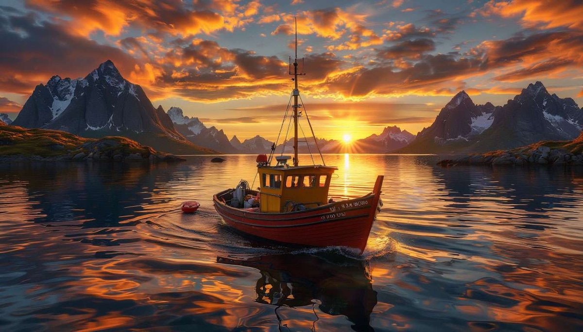 Midnight-sun skrei season: Lofoten boat framed by endless spring light.