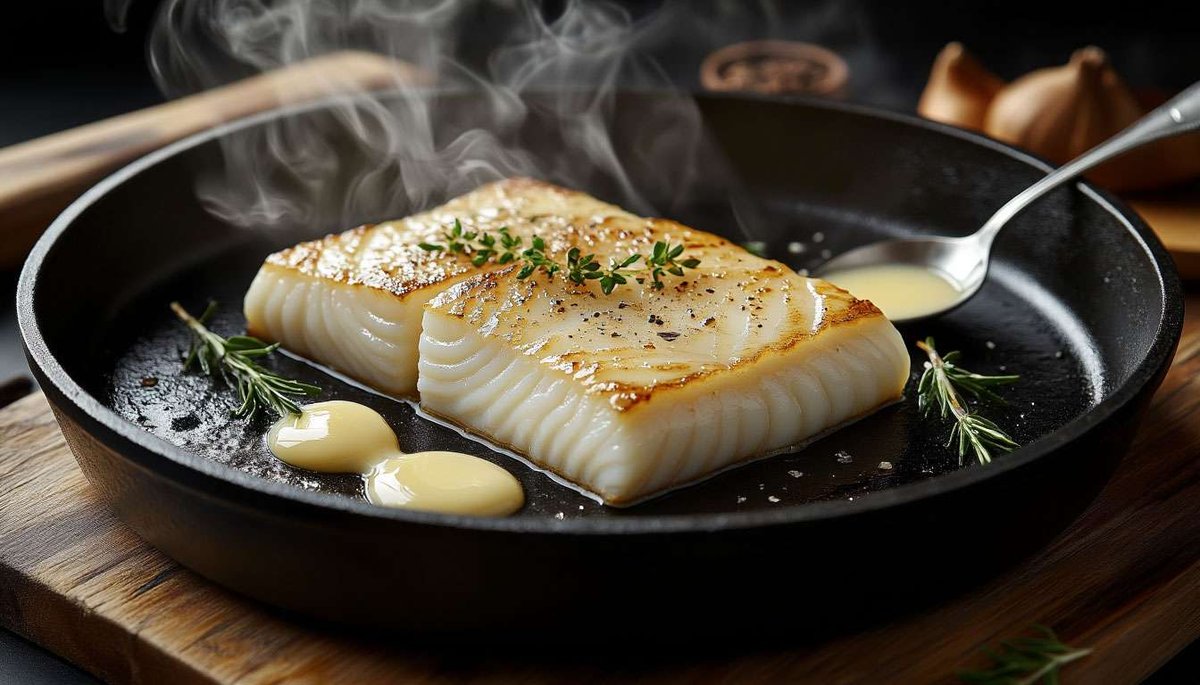 Winter Skrei on the stove—pristine white flakes and buttery sauce capture Norway’s seasonal delicacy.