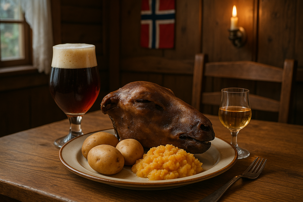 Close view of a rustic plate: smoked lamb head, side dishes; juleøl pint and aquavit shot; warm lamplight and wooden textures.