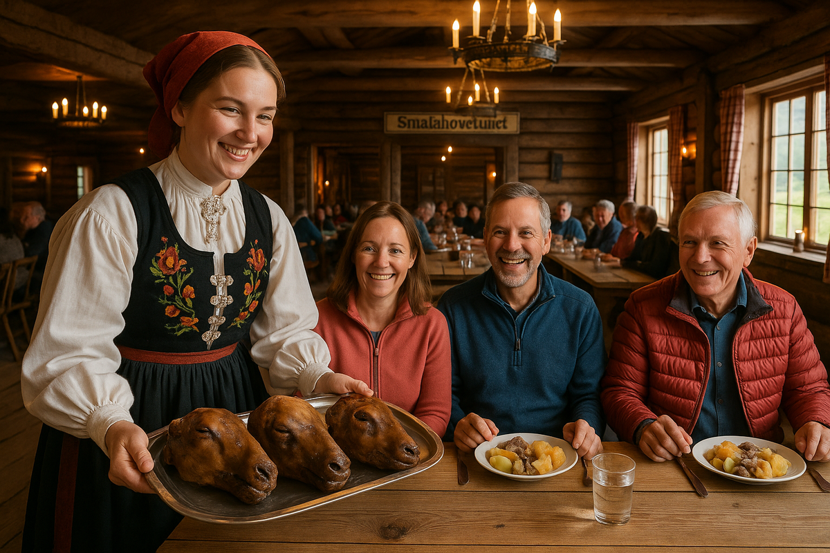 Authentic restaurant scene: traditional bunad-clad hostess presents tray with steaming smalahove; guests eager, mountain chalet vibe.