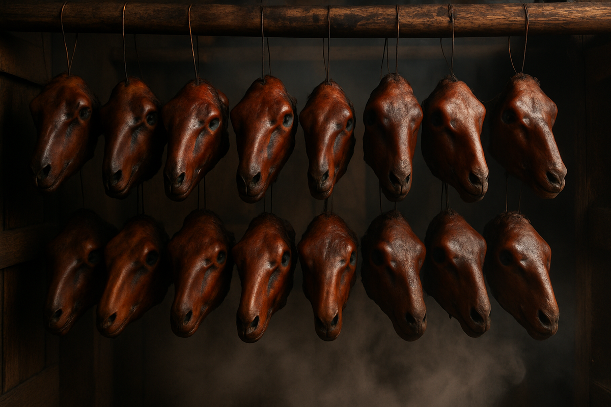 Interior of a small wooden smokehouse in Voss; dozens of halved lamb heads suspended on hooks, gentle alder smoke drifting.