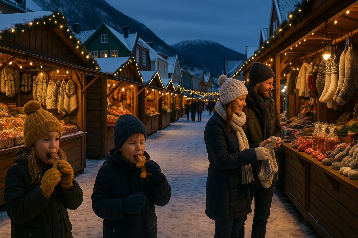 Small town Christmas market in Norway with knitted crafts and festive treats.