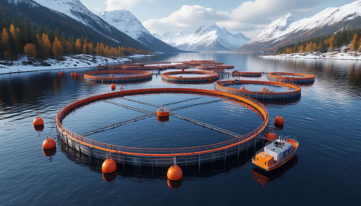 Futuristic “smart” salmon farm floating in pristine fjord waters.