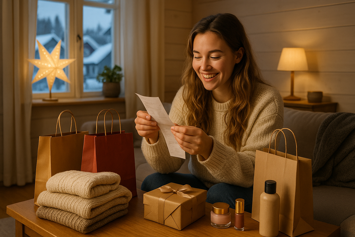 A young woman in a Scandinavian home checking receipts and purchases after sales.