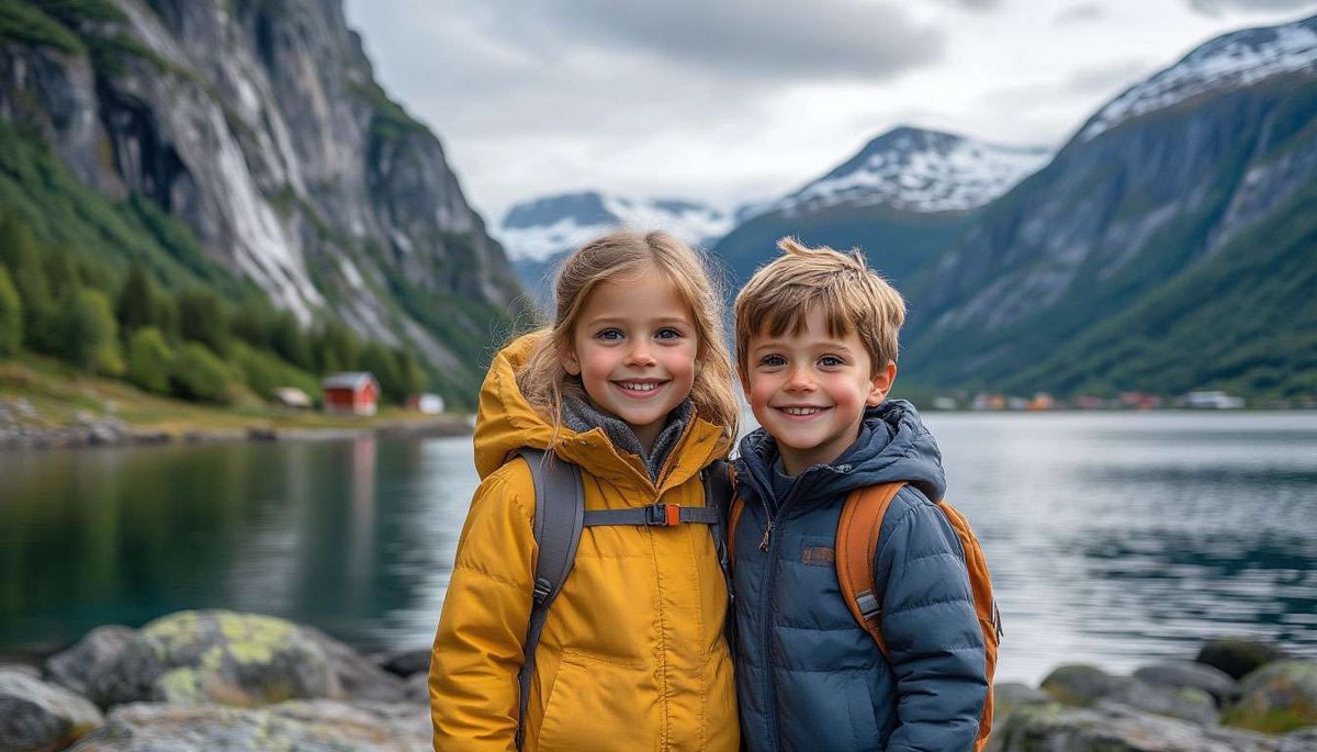 Smiling children with backpacks standing by a Norwegian fjord with mountains in the background.