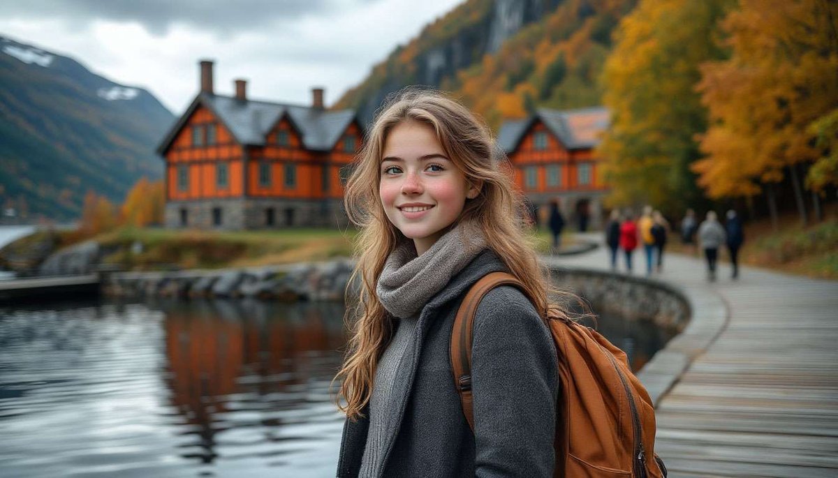 Smiling tourist girl with a backpack by a Norwegian fjord in autumn with colorful buildings.