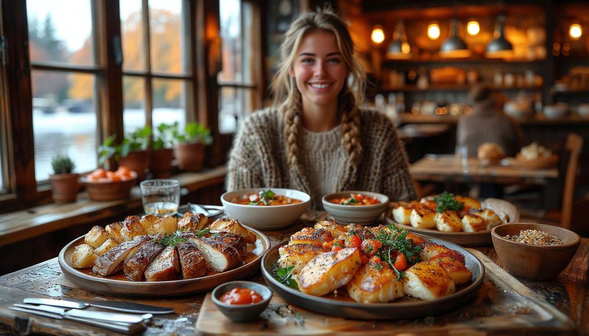 Smiling woman enjoying traditional Norwegian meal with fish and vegetables in a cozy restaurant setting.