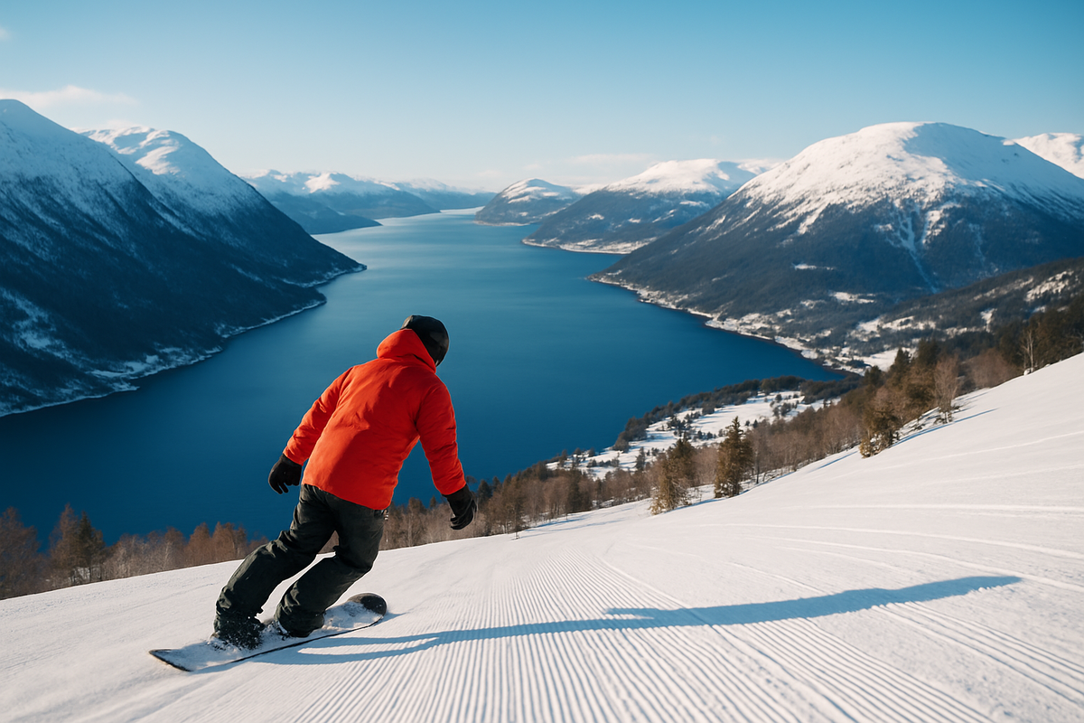 A snowboarder rides down Stranda’s slope with a view of the fjord and snow-covered mountains.