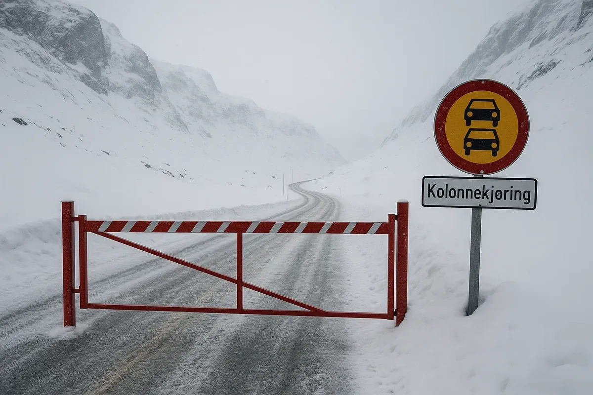 Зимняя дорога в Норвегии с табличкой «Kolonnekjøring» и снежными перевалами