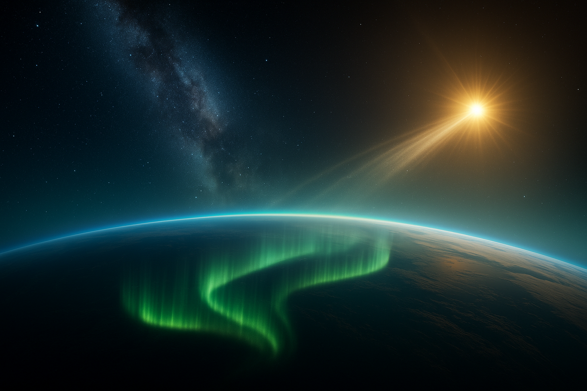 Earth’s limb glows with auroral curtains as a stream of particles arrives from the Sun—solar wind in action.