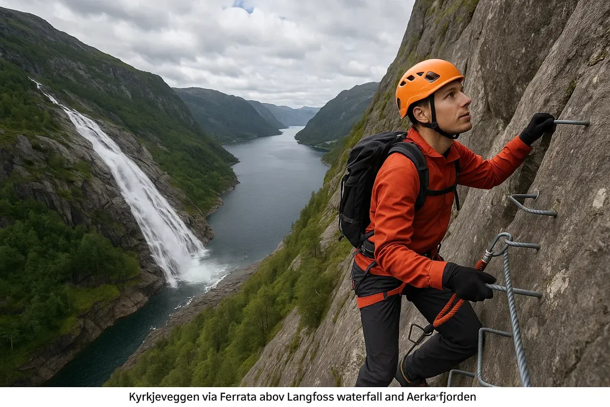 A climber clipped into steel cables ascending Kyrkjeveggen wall with Langfoss waterfall mist behind