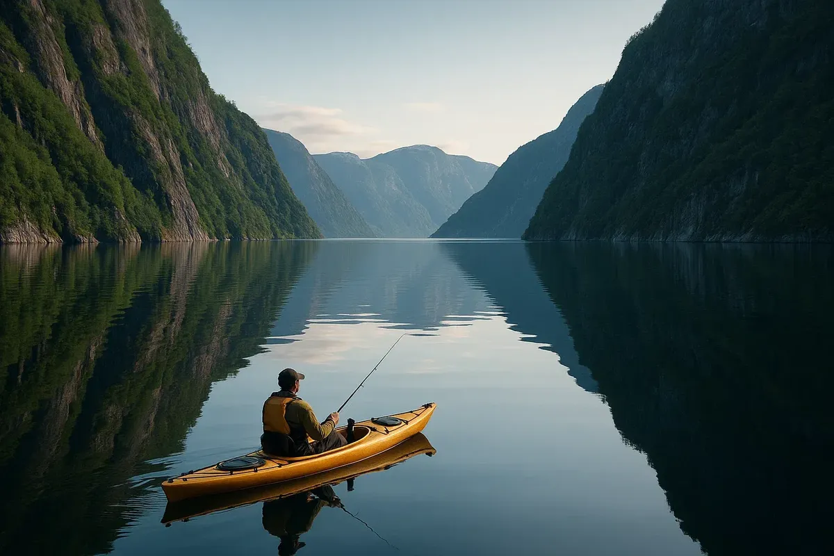 Kayaker quietly fishing in remote Veafjorden with vertical cliffs and calm reflections