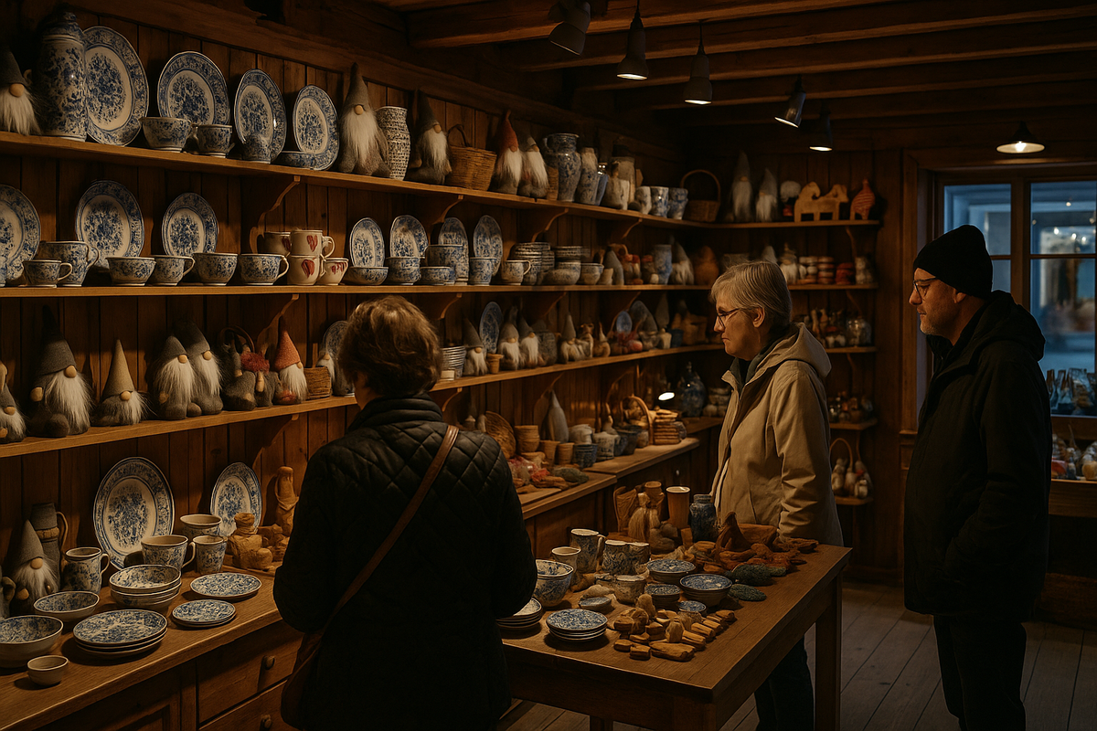 Souvenir shop in Ålesund, Norway with ceramics and wooden crafts.