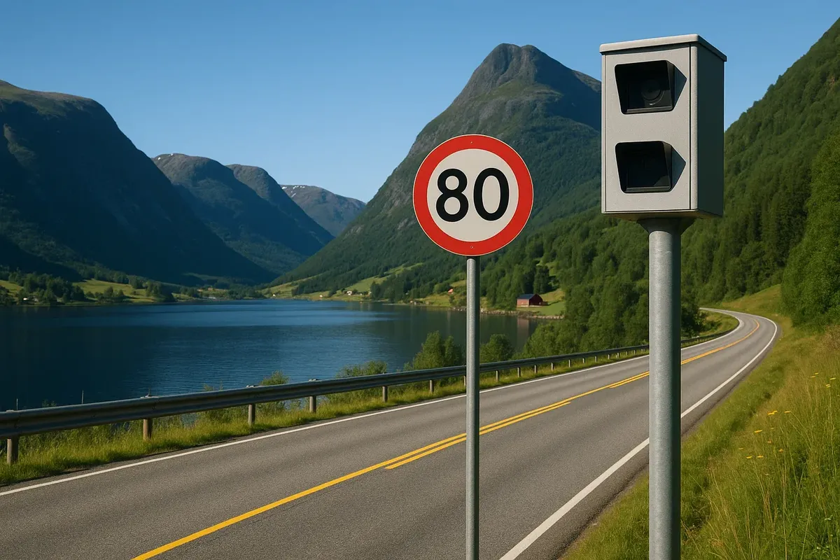 A speed camera watching a road with typical Norwegian speed limits