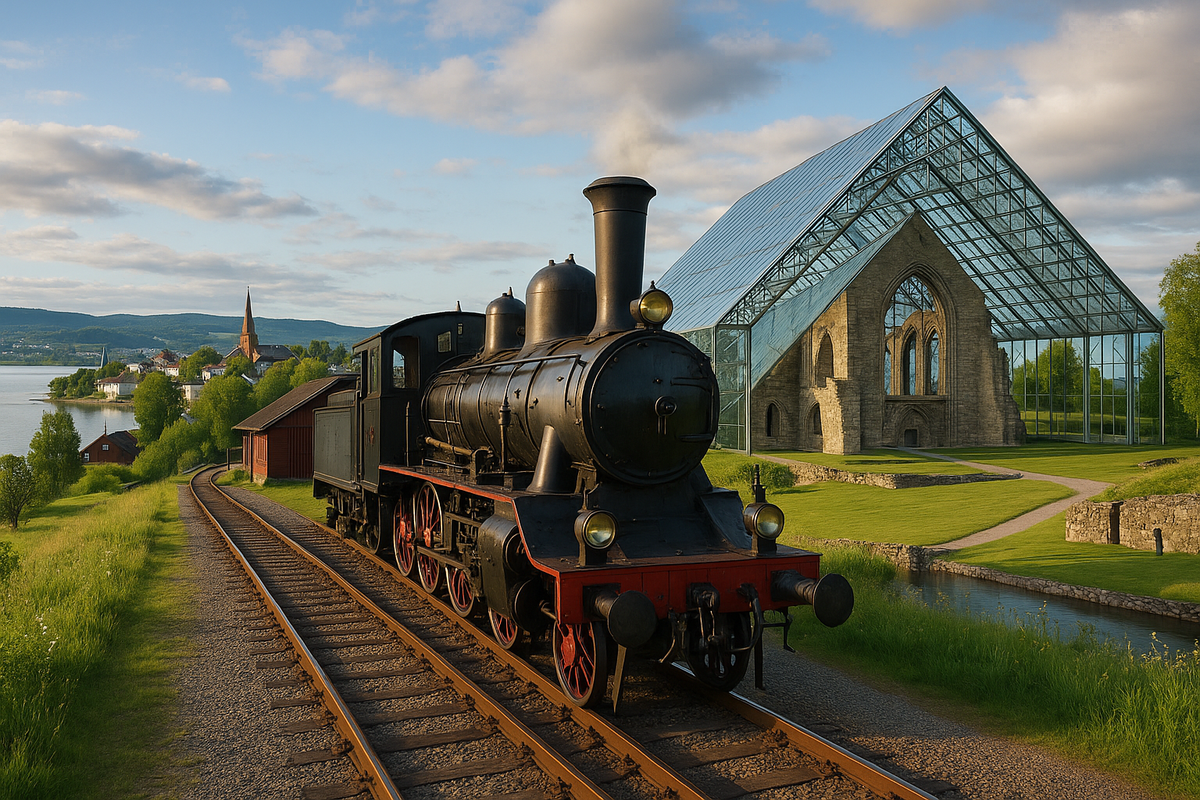 A vintage steam train passes by the glass-covered medieval cathedral ruins at the Domkirkeodden Museum in Hamar, Norway, with lake and town in the background.