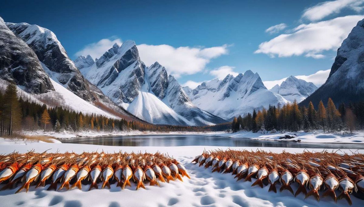 Iconic hjell racks on Lofoten Islands in late winter; rows of drying cod contrast with crisp Arctic landscape.