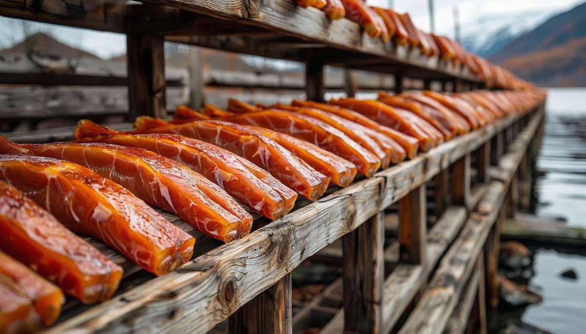 Iconic stockfish racks: wind-dried cod swaying under Lofoten’s cold breeze.