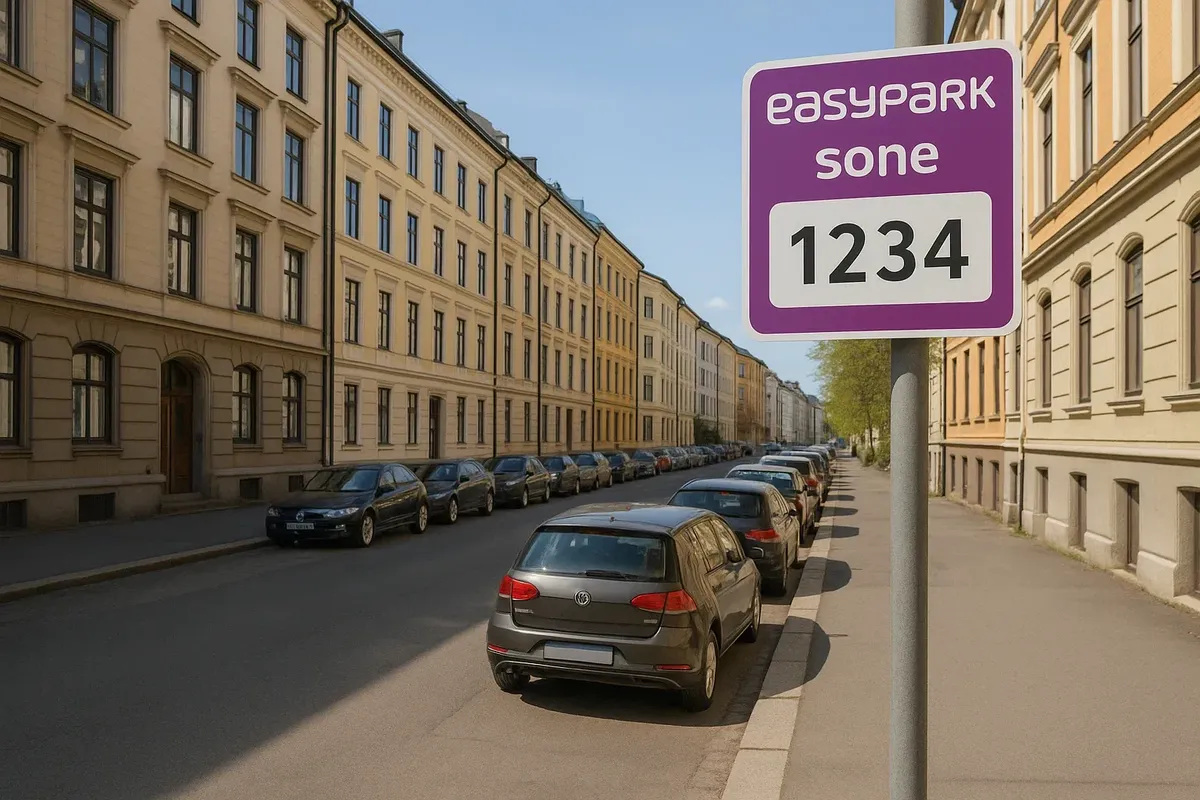 Typical Oslo parking zone with EasyPark sign and cars — показывает, как работают городские зоны и коды