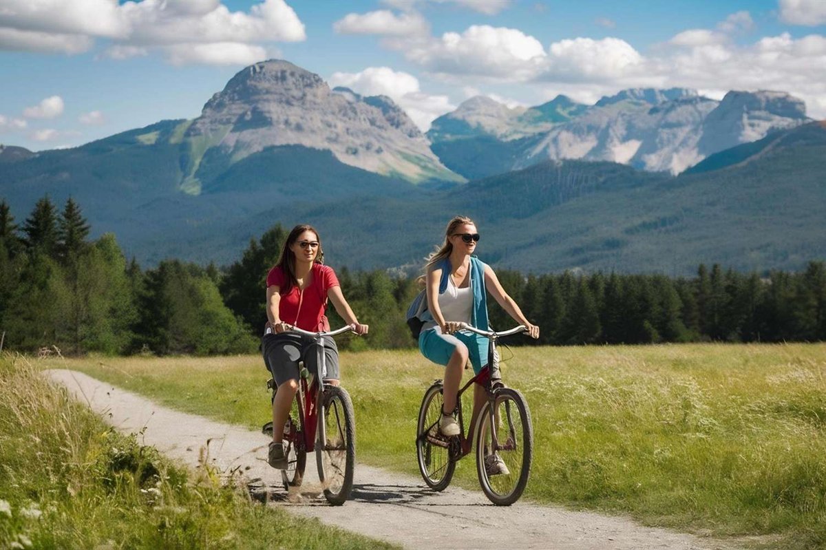 Two women ride bicycles along a flat forest road.