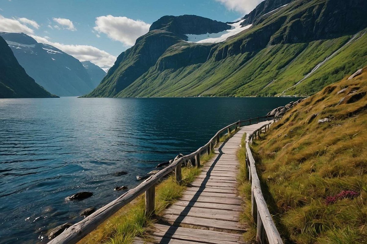 A wooden trail runs along the fjord between green mountains.