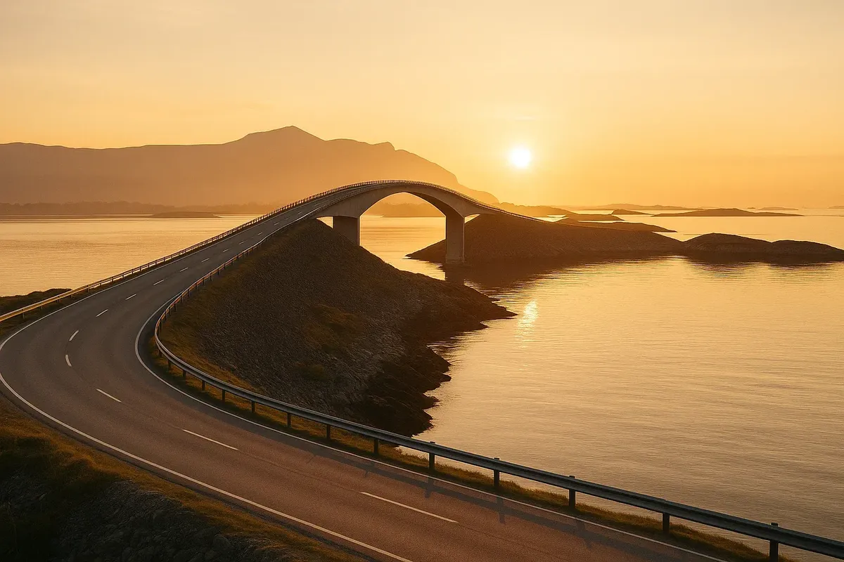 Morning light over iconic “jumping bridge” of the Atlantic Road — показывает, почему рассвет здесь обязательный