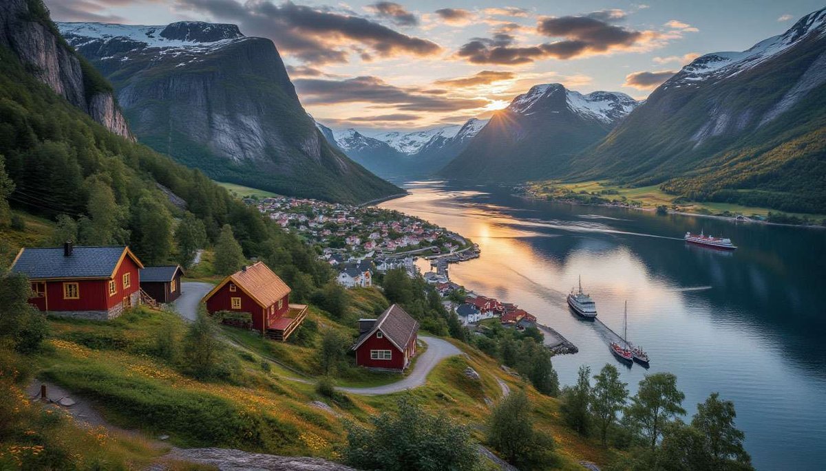 Sunset lighting up a Norwegian fjord village with sailboats and cruise boats on the water.