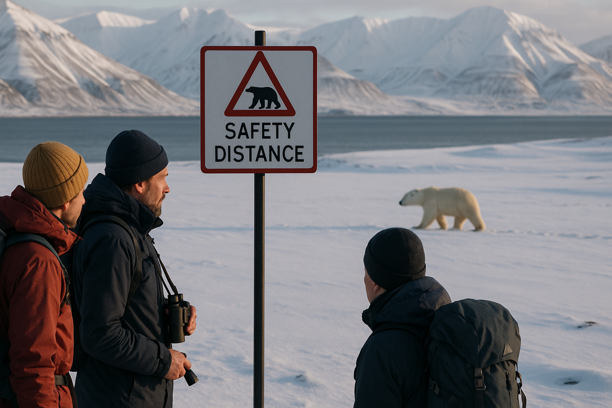 Polar bear warning sign and a guided tour in Svalbard