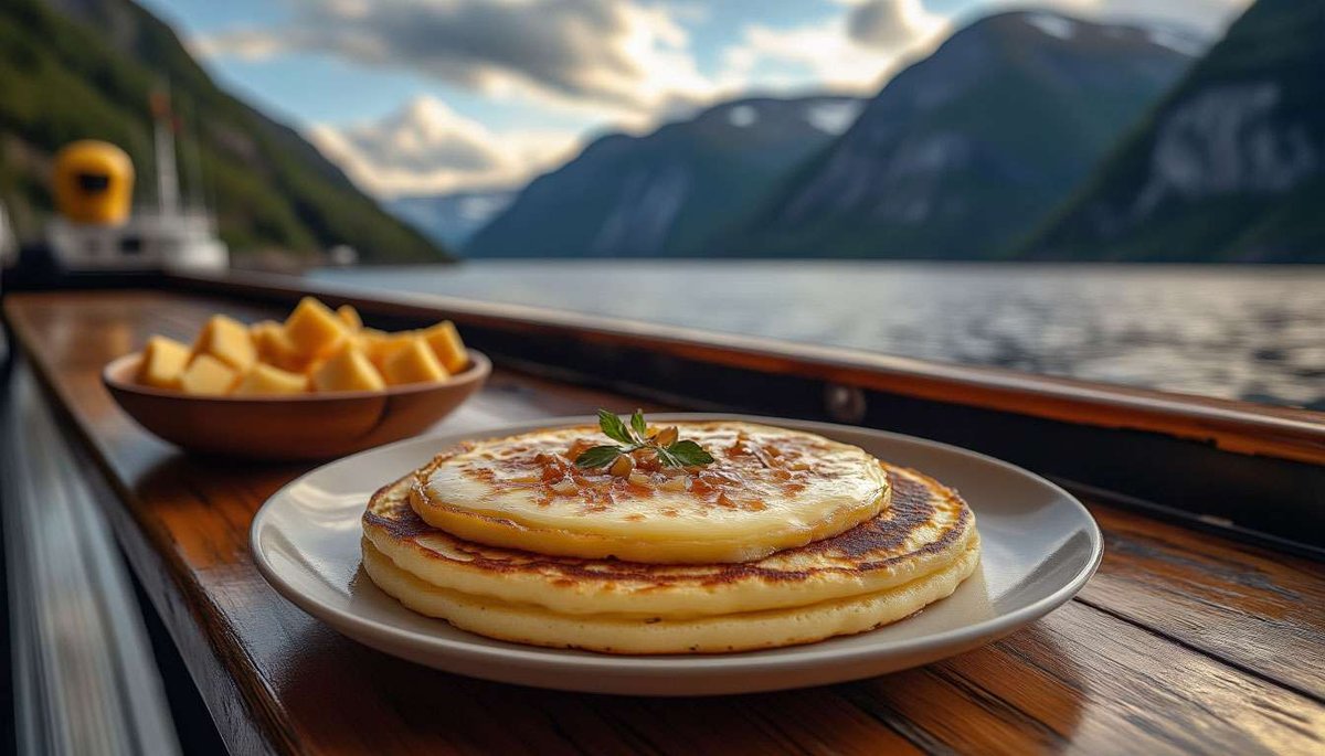 A fluffy svele melts Brunost under crisp fjord air—Norway’s most scenic coffee break at sea.