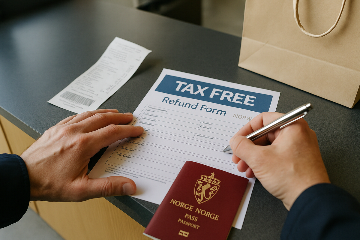 A traveler filling out a Tax Free refund form at a store counter in Norway.