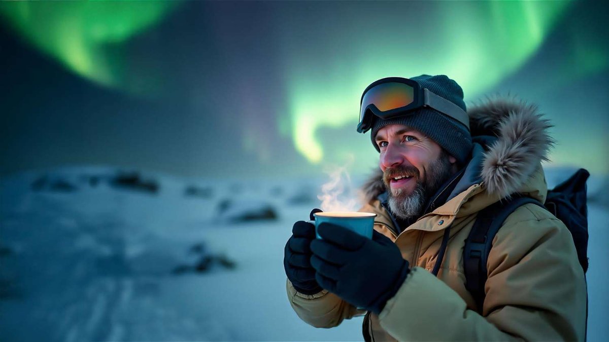 A traveler enjoys a hot drink under the northern lights.