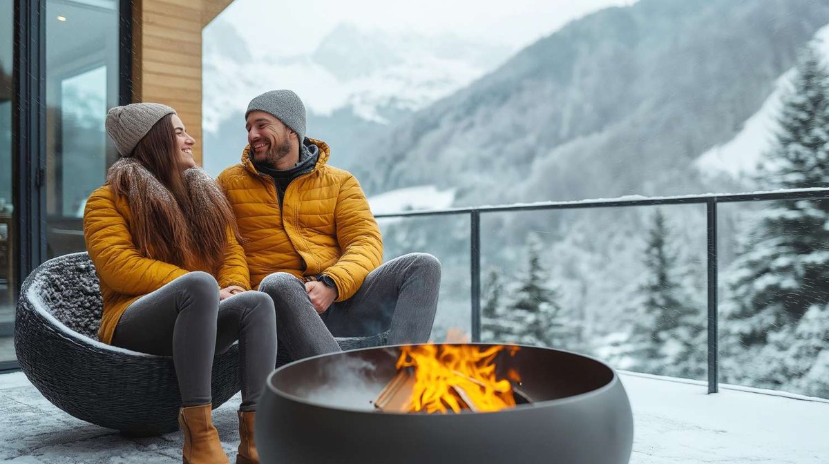 A couple sits by a fire pit on the terrace of a mountain hotel in a snowy area.
