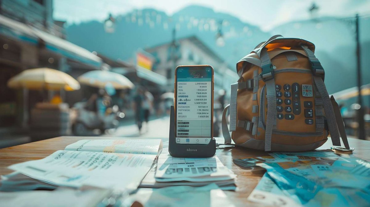 A smartphone with translated text stands on a table next to a backpack and maps.