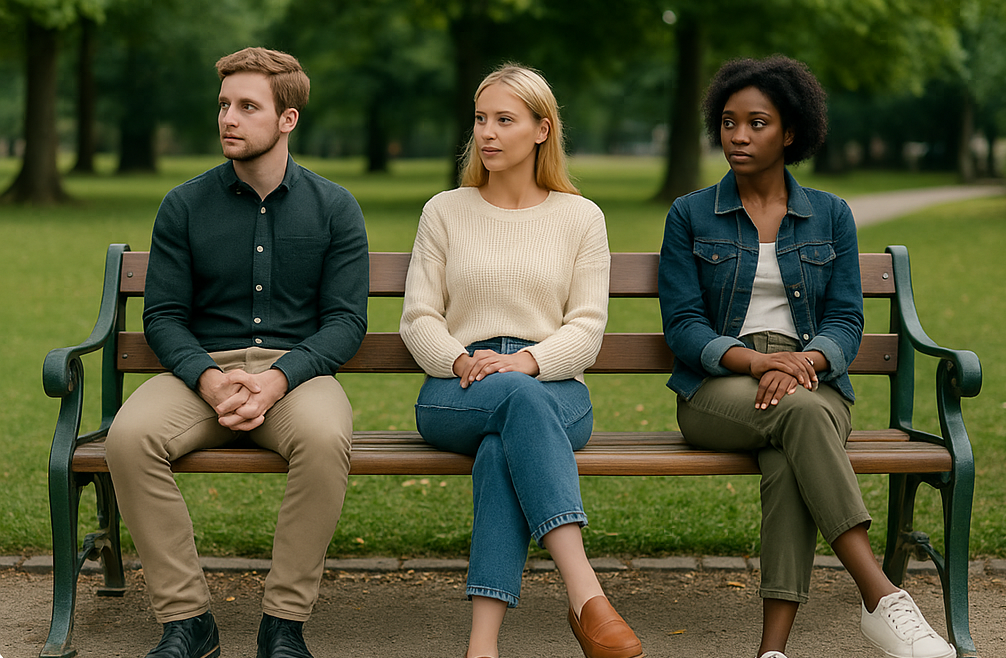 Three people sit on a bench in a Norwegian park, maintaining personal space and observing their surroundings.