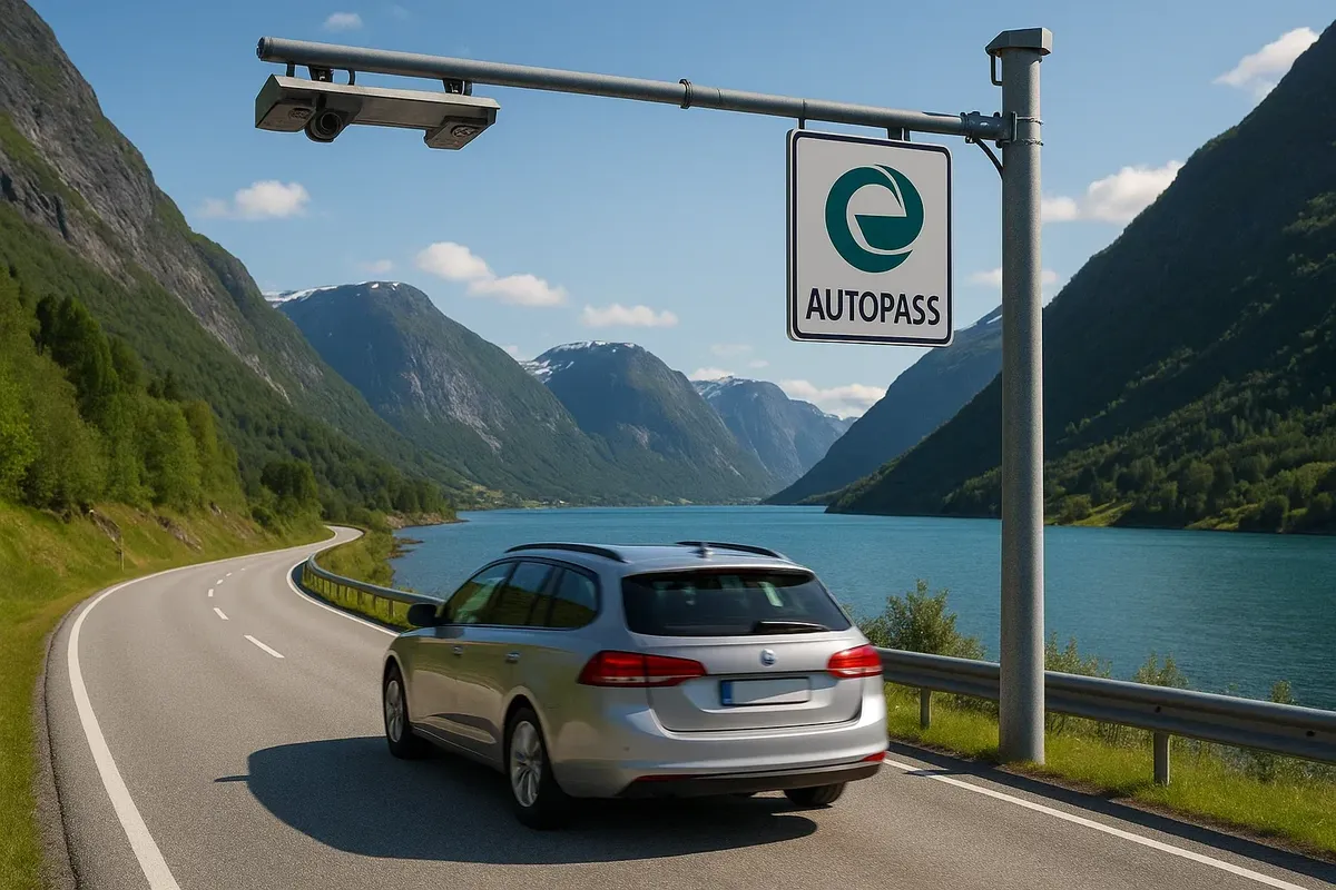 Камера AutoPASS на трассе с видом на фьорд, машина проезжает, знак «T»