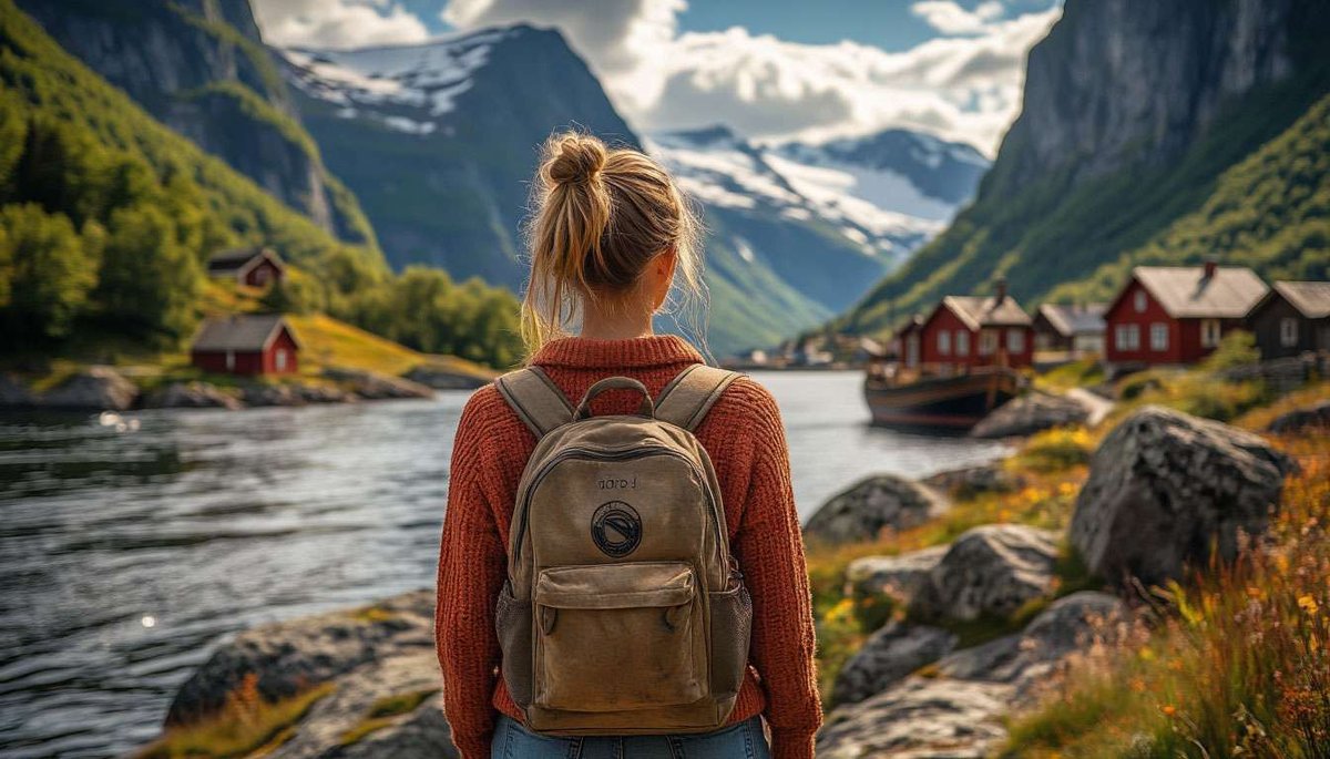 Tourist woman with backpack standing by a Norwegian fjord village surrounded by colorful houses and mountains.