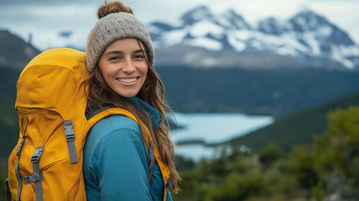 A young woman with a yellow backpack smiles against a mountain landscape.