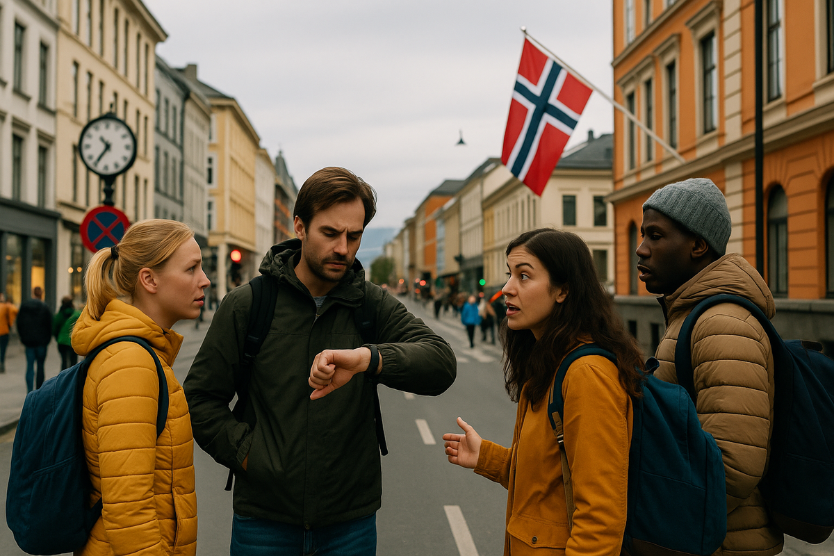 A group of tourists in Norway discussing time on the street, with a Norwegian flag and city buildings in the background.
