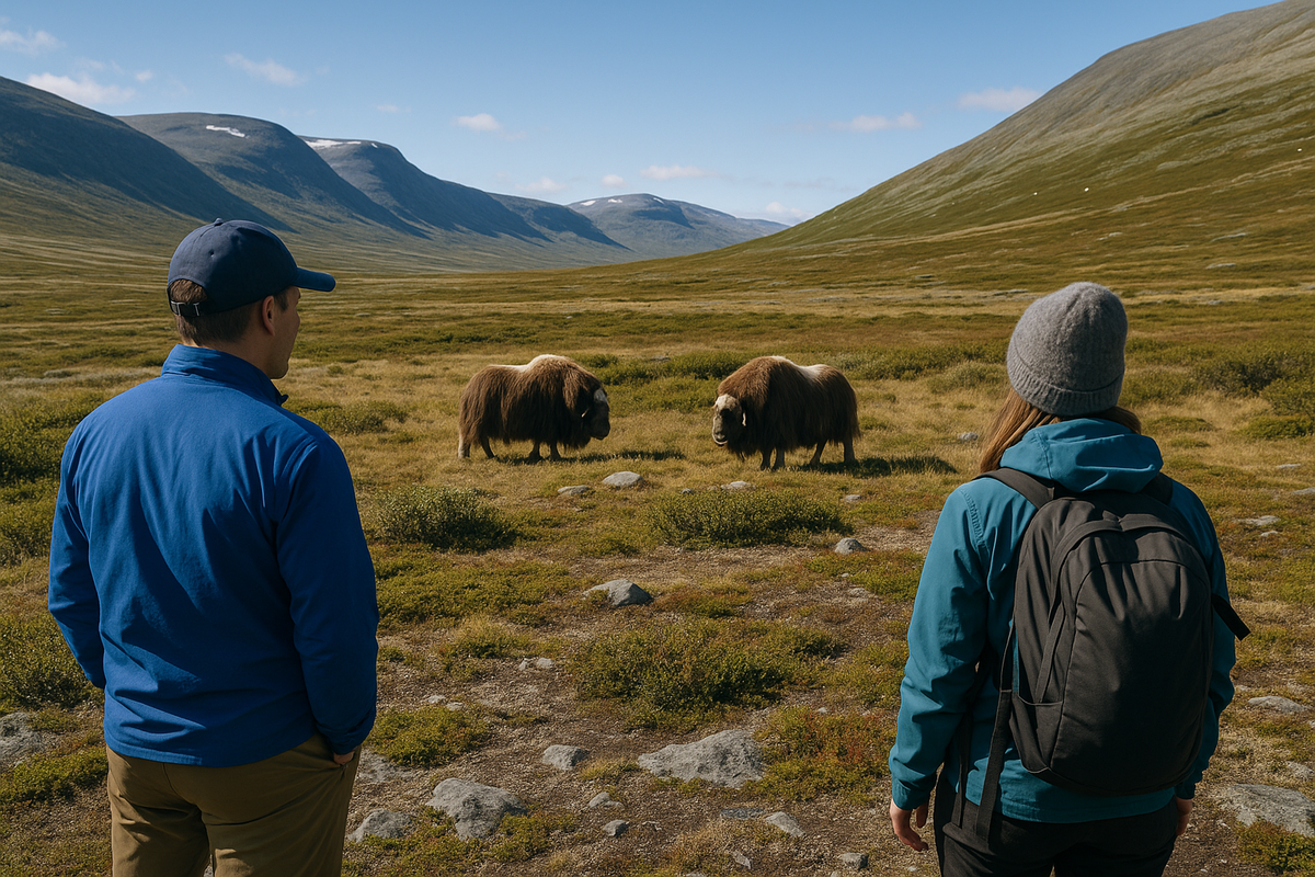 Two tourists watch musk oxen in the Dovrefjell valley.