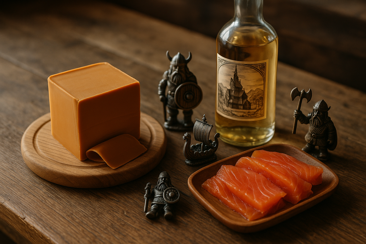 Set of traditional Norwegian souvenirs: brunost cheese, smoked salmon and aquavit.
