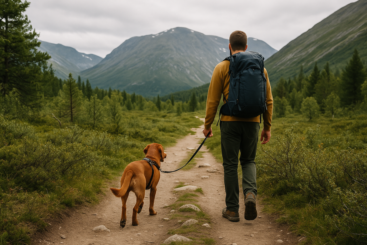 A hiker and his leashed dog walk along a green forest trail — the perfect dog-friendly adventure in Norway.