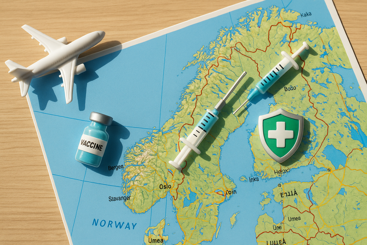 A model airplane, vaccine vial, and syringes placed on a map of Norway.