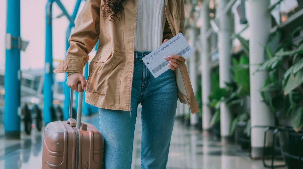 A woman with a suitcase and boarding pass walks through the airport.