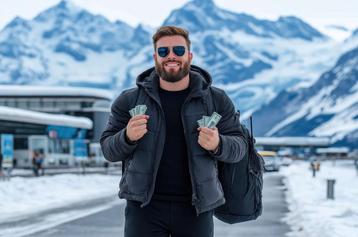 Man holding cash against snowy mountains.