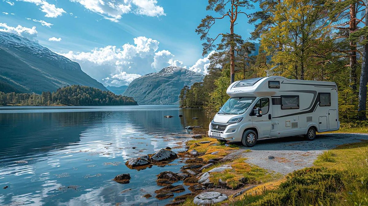 A camper van is parked by a Norwegian fjord with views of mountains and forest.