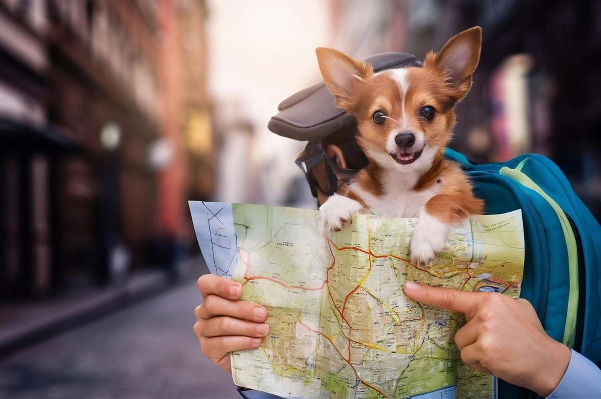 A person with a dog looks at a map on a city street.