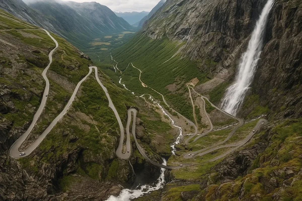 Тролльстиген: серпантин с крутыми шпильками и водопадом.