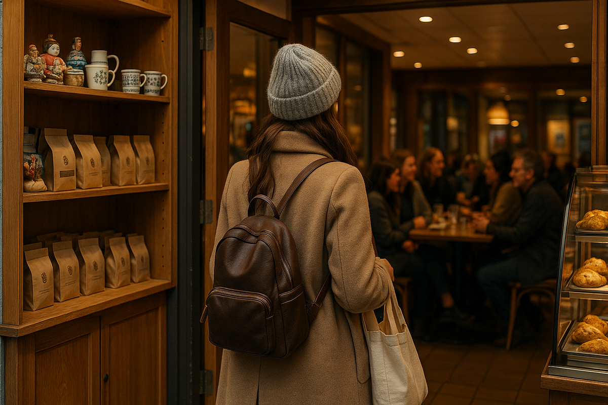 Kaffebønna cafe in Tromso with souvenirs and shoppers.